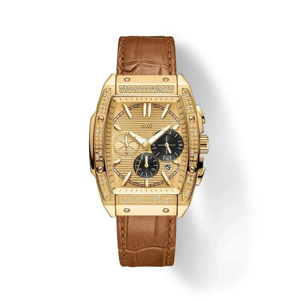JBW Echelon Men's Chronograph Watch Gold Tone Brown Leather New Open Box